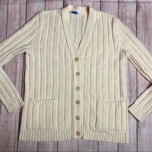 Sears Cream Cardigan Sweater Ribbed Cuffs & Hem